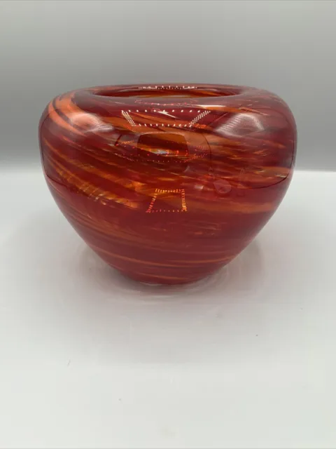 Hand Blown Glass Studio Art Red, Orange, & Clear Swirl Vase/Bowl 6” Wide 5” High