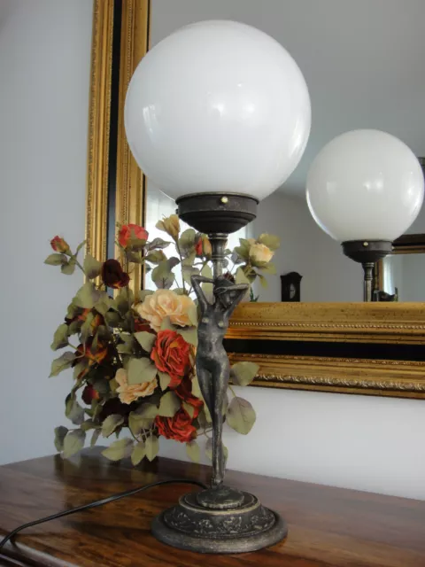 Tischlampe Kugel Lampe Jungfrau Jugendstil Tischleuchte Antik Messing Glas Edel