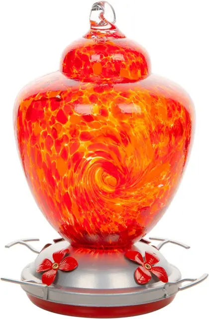 Hummingbird Feeder with Perch - Hand Blown Glass - Red - 38 Fluid Ounces Humming