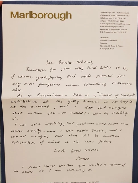 Very rare hand written & signed letter from artist Frank Auerbach (Lucian Freud)