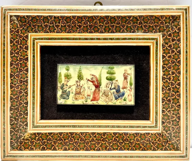 Vtg Miniature Persian Camel Bone Painting Dancing, Music Marquetry Mosaic Frame Vtg Miniature Persian Camel Bone Painting Dancing, Music Marquetry Mosaic Frame