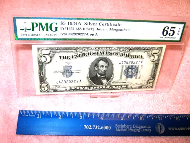 1934 "A" $5 Silver Certificate, Fr#1651 (JA Block) Julian/Morgenthau, PMG 65.