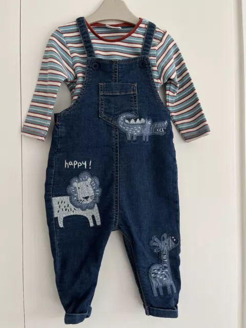 Baby Boys NEXT 6-9 Months Dungaree Outfit Blue Denim Animals Stripes GC