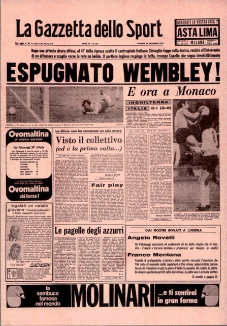 Gazzetta Dello Sport 16 Novembre 1973 - Italie Vs Angleterre - Capello, Rivera