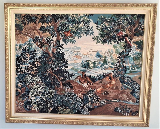 Canevas Fait Main Avec Cadre - Crépuscule (Cygnes) 50x60 Cm - Art Déco Occasion Très Bon État
