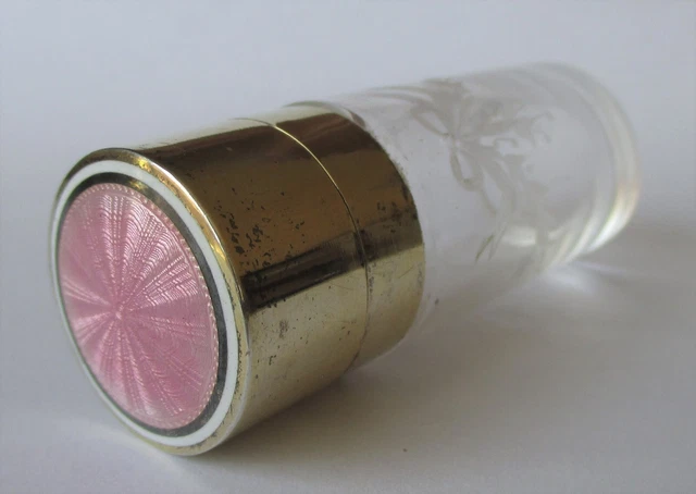 Vintage Antique Sterling Silver Guilloche Enamel Perfume Bottle Etched Glass