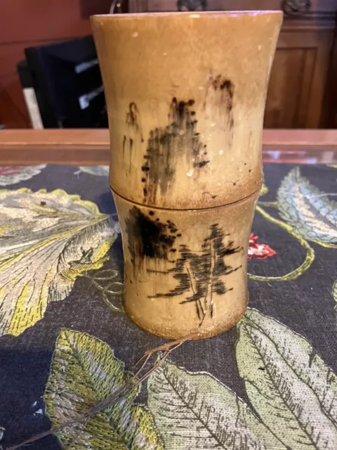 Vintage Chinese Bamboo Vase Brush Pot Hand Painted Ink Painting Home Decor
