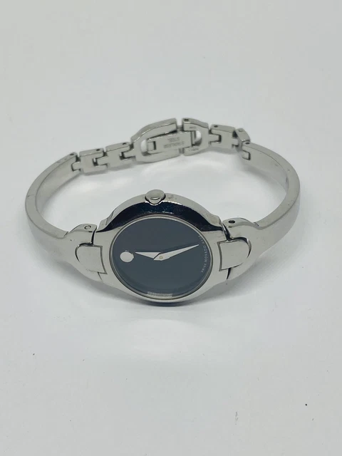 Ladies Movado Kara Stainless Steel Silver Tone Black Dial Watch 84 A1 1846 6.5”