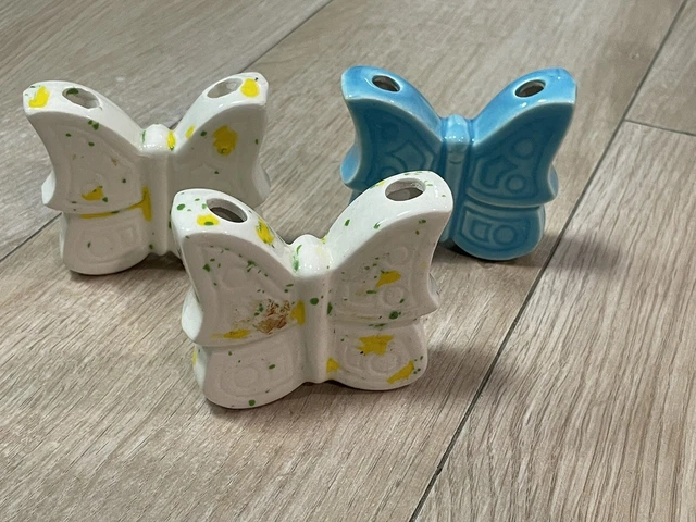 Vintage Ceramic Butterfly Macrame Beads Set of 3 Mid-Century Modern MCM 2
