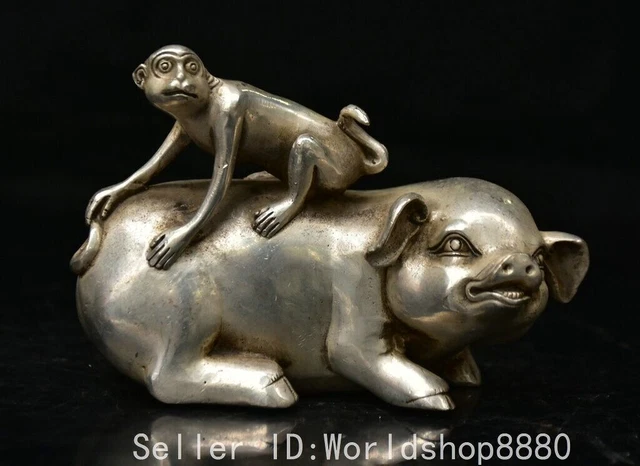 4.8" Old China White Copper Fengshui 12 Zodiac Year Pig Monkey Statue Sculpture