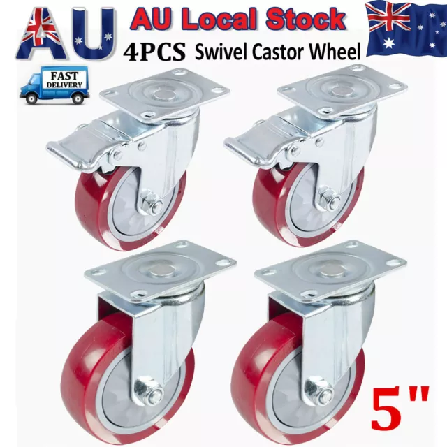 4X 5" Heavy Duty PU Swivel Castor Wheels 800KG Trolley Furniture Caster 2 Brake