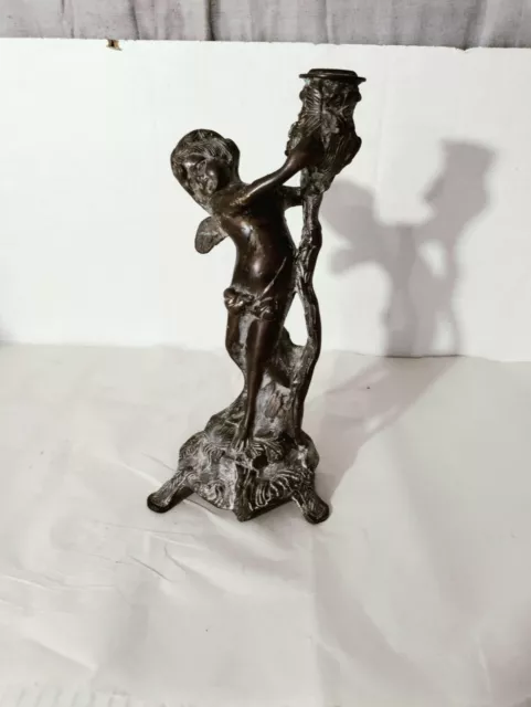 Antique French Bronze Cherub Figural Candleholder 11x5