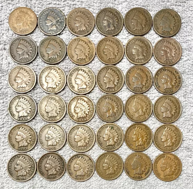 Lot of 36 old U.S. coins Mixed From 1864 To 1909 Indian Head Small Pennies.