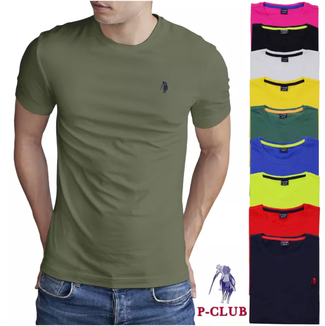 T Shirt Uomo Manica Corta Logo P-Club 100% Cotone Tinta Unita S M L Xl Xxl 3Xl