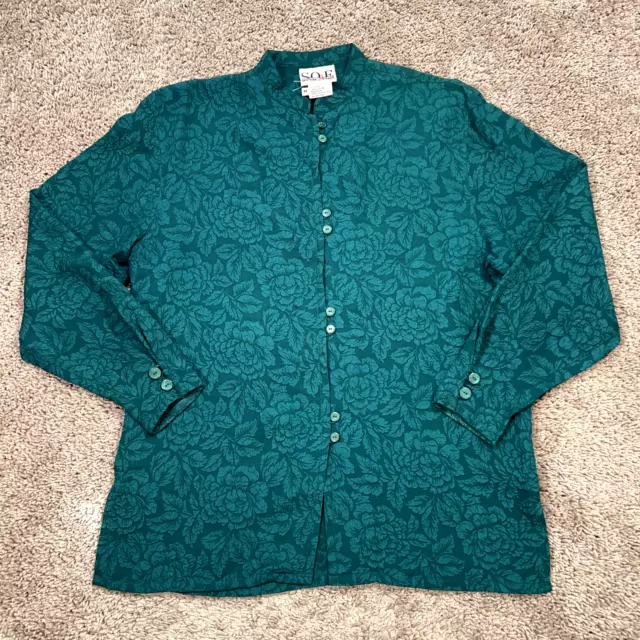 Soie Shirt Womens Medium Green Floral Long Sleeve Loop Button Blouse 100% Silk