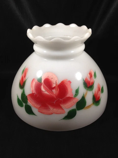 Hurricane Lamp Shade Milk Glass Hand Painted Rose 7-3/4” Fitter