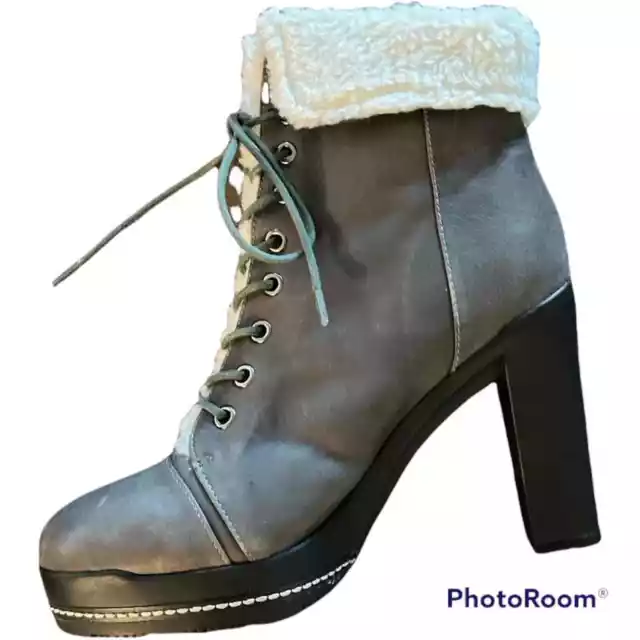 Kelsi Dagger Ricci Leather Fur Lined Combat Heeled Boots Lace Up CHARCOAL SZ 8.5