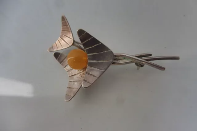 Belle, vieux Broche, Épinglette, 835 Argent Avec Ambre