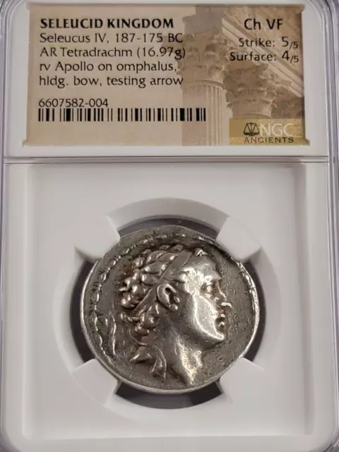 NGC Ch.VF 5/5-4/5 Seleucus IV Philopator AR Tetradrachm. 187-175BC. Apollo Rev. NGC Ch.VF 5/5-4/5 Seleucus IV Philopator AR Tetradrachm. 187-175BC. Apollo Rev.