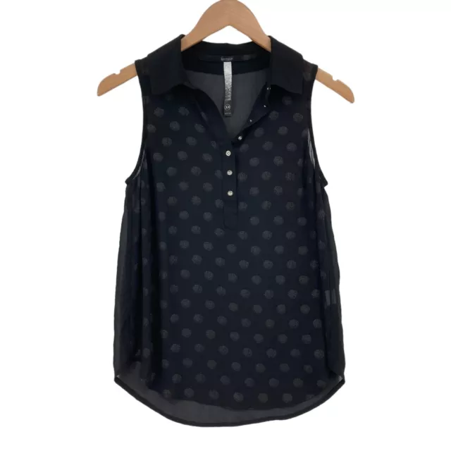 Kensie Tank Top Womens XS Black Polka Dot Sleeveless Collared Half Button Down