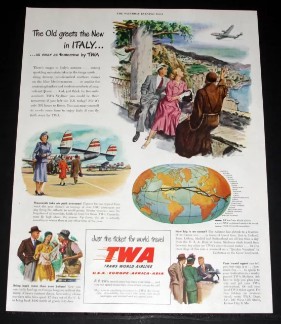 1948 Old Magazine Print Ad, Trans World Airline, A Ticket For World Travel, Twa!