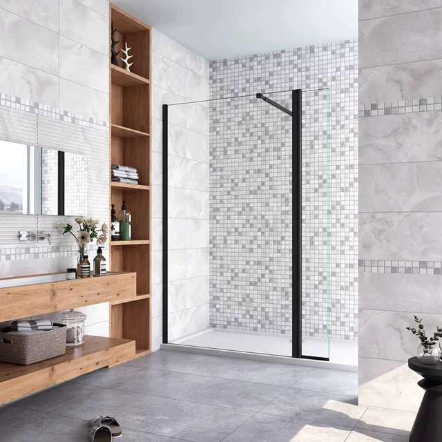 200Cm Walkin Mampara Panel Ducha 2 Hojas Vidrio 8Mm Antical Con Barra Negra Mate