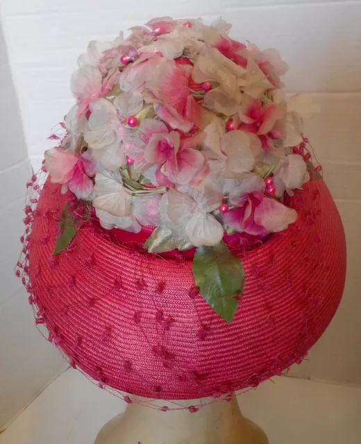 VINTAGE 60S PINK Woven Straw Floral Crown Hat Gwenn Pennington Veil $24 ...