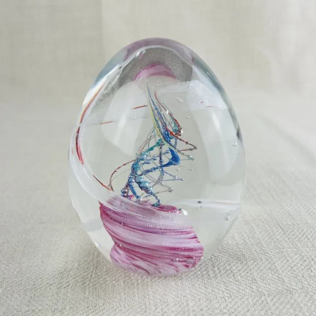 Glass Egg Shaped Paperweight Art Glass Pink Swirl Design 9 cm Tall MCM