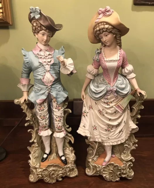 Pair Antique French ? Bisque Gilt Jeweled Man & Woman Victorian Figures 22”