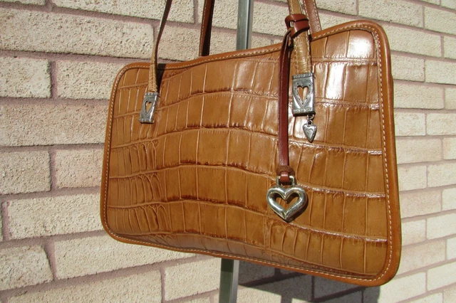 Vintage Brighton Brown Two Tone Croc Embossed Leather Tote Shoulder Bag Purse