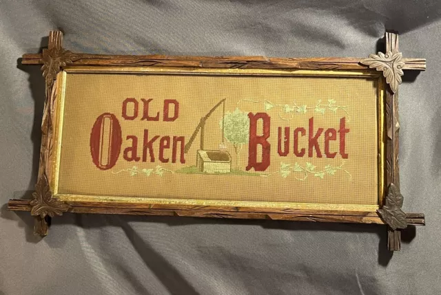 Antique Victorian Motto Punch Paper Sampler Old Oaken Bucket Black Forest Frame
