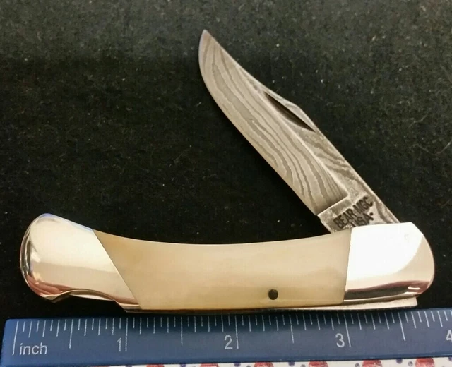 Bear MGC USA Damascus Lockback knife, smooth natural bone handles  =