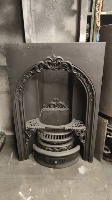 Used small cast iron fireplace, black, traditional, ornate, arched