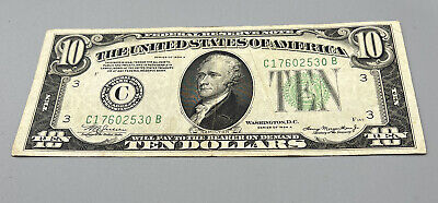 1934A $10 DOLLAR BILL GREEN SEAL FEDERAL RESERVE NOTE - Print Shift On “B” S/N