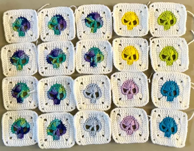 Crochet Skulls Multi Color - Granny Square Lot - 20 pieces
