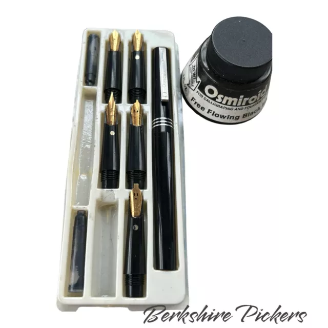 Vintage Osmiroid Master Calligraphy Pen Set 5 Nibs 22K Gold-Plate & Ink Bottle