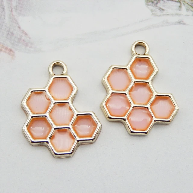 12 Stück Rosa Emaille Metall Gold Bienenwabe Halsketten Anhänger Charm 19x14mm