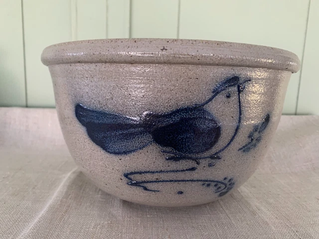 RARE 1988 Rockdale Union Stoneware Cobalt Bird Mixing Bowl Cambridge  Wis