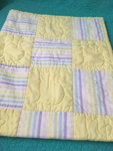 Handmade Baby Quilt W/Yellow & Pastel Stripe Blocks~Quilted Kitty Cats