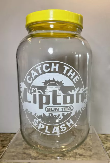Vintage LIPTON Sun Tea Jar CATCH THE SPLASH One Gallon Glass Jug Yellow Lid RARE