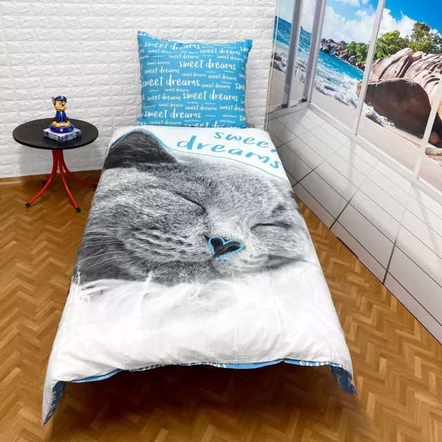 Chat Bleu Set 2pezzi Lit Simple Housse de Couette 140x200cm, Linge Garçons