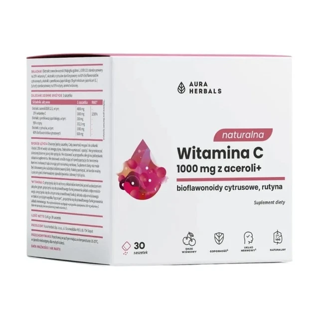 AURA HERBALS NATURAL vitamin C 1000 mg from acerola, cherry, 30 sachets