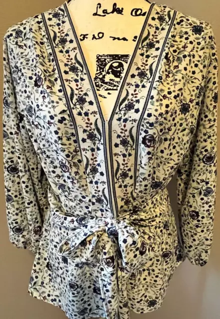 Max Studio Boho Floral Blue and Cream Blouse Medium