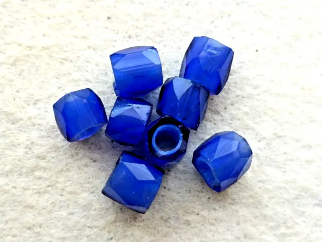 Antique   Russian Made 8 Pcs  Cobalt Blue Tube Shape  Faceted Glass Trade Beads