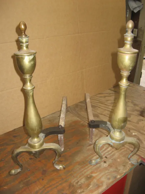 Vintage Brass Fireplace Andirons Firedogs Pair Set 20" Tall