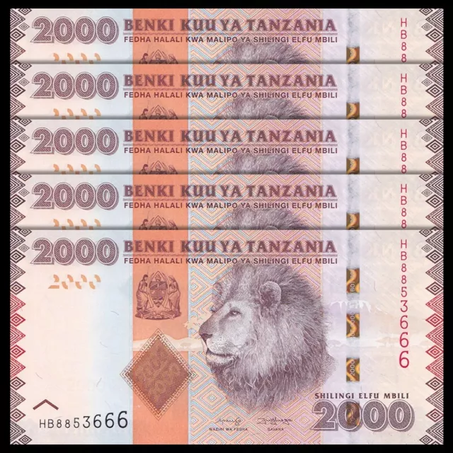 Lot 5 PCS, Tanzania 2000 Shillings, ND(2010-20), P-42, UNC
