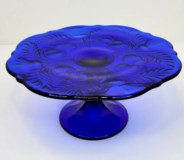 Mosser Cobalt Blue Glass Inverted Thistle Cake Plate Pedestal Pastry Stand USA