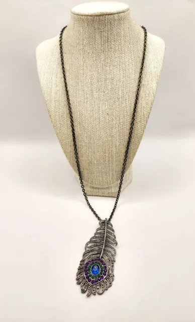 Gunmetal Grey Necklace with Diamante Peacock Feather Pendant
