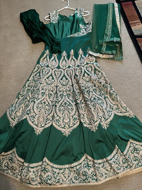 Indian Green and Gold Gown with Pants and Chuni - Medium
