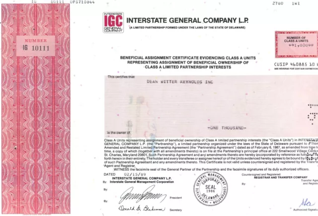 Interstate General Company L.P., 1989 (1.000 Class A Units)